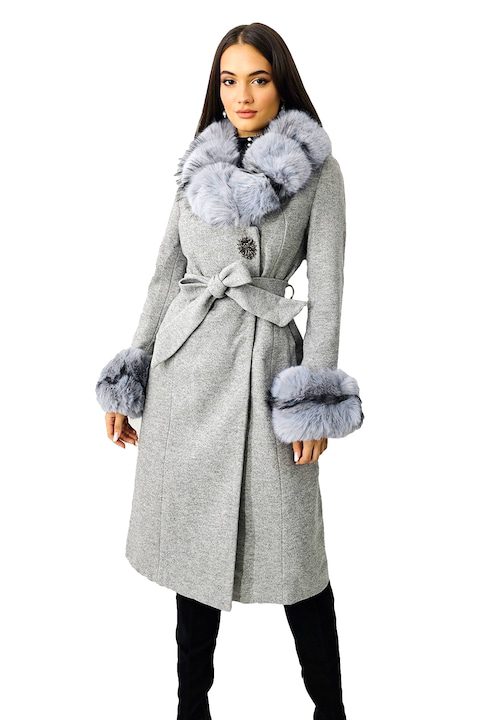 Стилни Дамски Палта за Зима 2025-2026 Дамско палто Anastasia, с брошка, маншети и яка, Сив