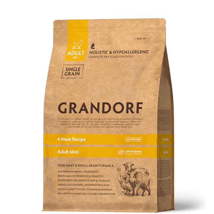 Храна За Кастрирани Кучета И Контрол На Теглото - За Какво да Внимавате Grandorf Суха храна за кучета, 4 вида месо, за малки породи, 3 кг