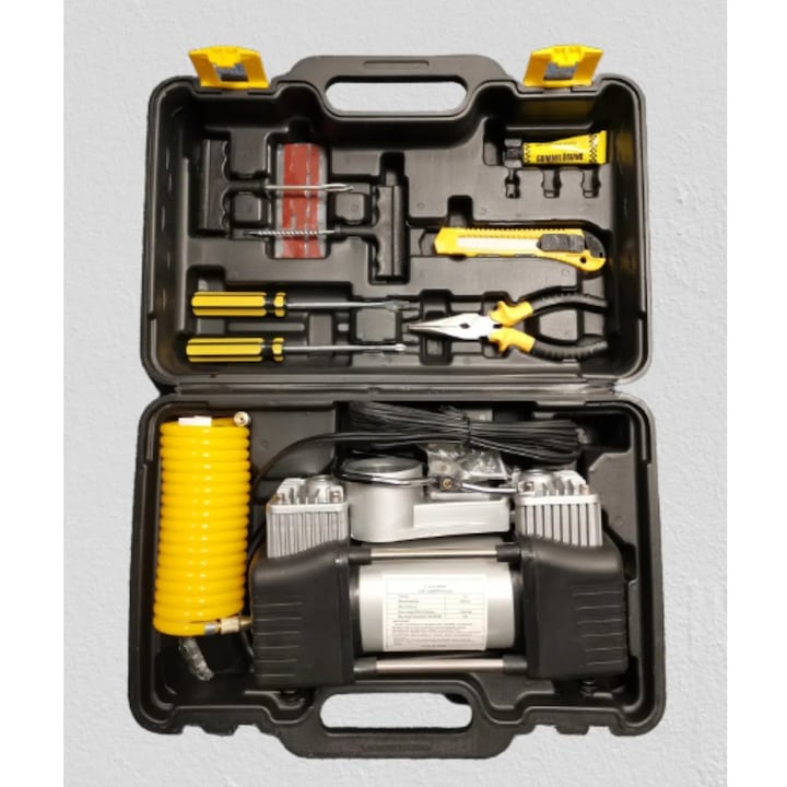 Компресор за Гуми - Кои са Най-Добрите на Пазара в България Комплект за спукани гуми, 12V компресор с 2 цилиндъра и 7 аксесоара - Аварийно решение за бърз ремонт на гуми