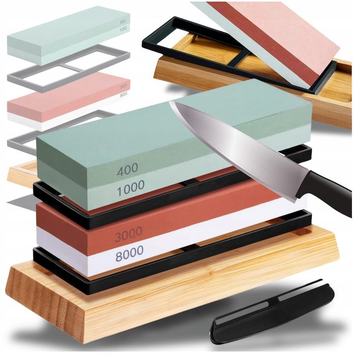 Точило за Ножове - Топ 10 Най-Добрите Комплект за заточване на ножове, TOMANO, корундов воден камък, 400/1000 и 3000/8000, бамбукова основа, 1 кг, многоцветен