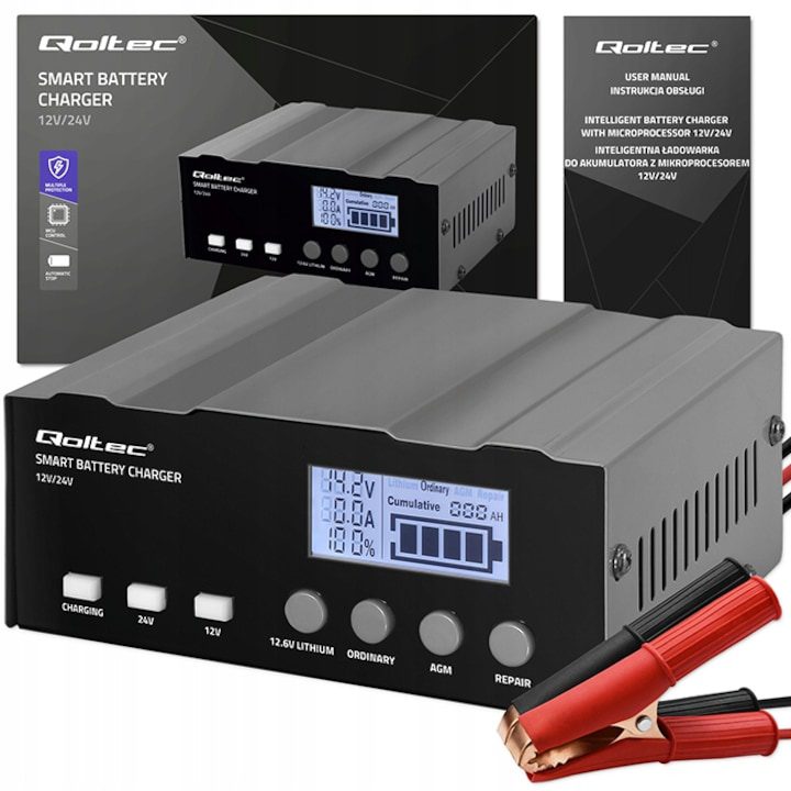 Зарядно За Акумулатор - Топ 15 Най-Добрите в България за 2025 Година Микропроцесорно зарядно устройство Qoltec, 12V/24V, за AGM и гелови акумулатори, 4-степенно зареждане, LCD дисплей, мощност 220W, ток 12A, функция за възстановяване, защити, размери 135x115x85 мм