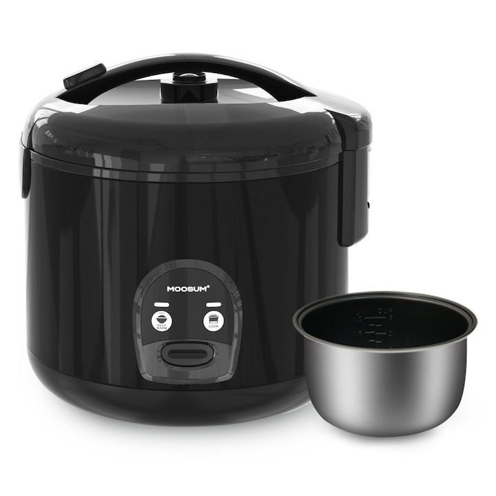 Оризоварка MOOSUM с функция за управление с един бутон, малък капацитет 0.8 л, за 2-5 души, бързо готвене без пържене - с функция за поддържане на топлина, включваща приставка за готвене на пара, лъжица и мерителна чаша, черна