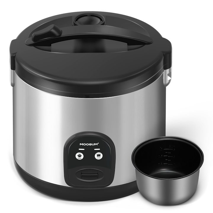 Оризоварка MOOSUM с функция за управление с един бутон, голям капацитет 1,8 л, за 2-10 души, бързо готвене без пържене - с функция за поддържане на топлина, включваща приставка за готвене на пара, лъжица и мерителна чаша, сребриста