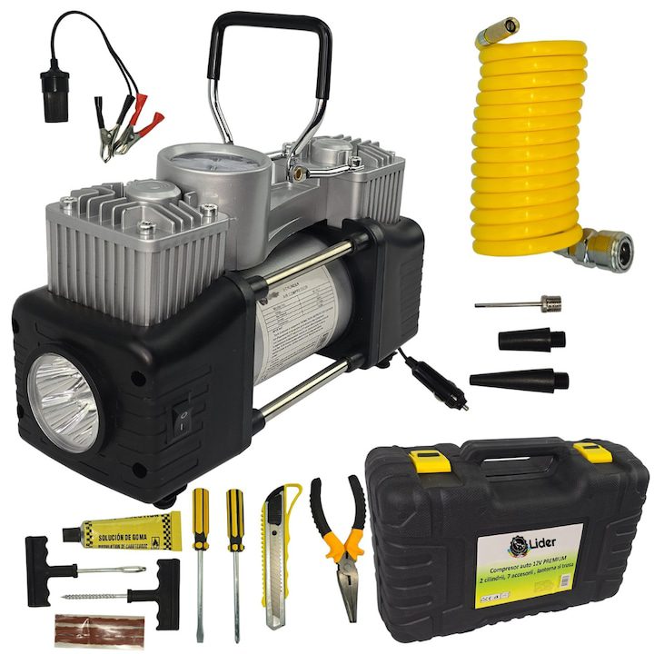 Компресор за Гуми - Кои са Най-Добрите на Пазара в България Пълен комплект от 12V компресор за кола Lider® Premium, 2 цилиндъра, 150PSI, 70L/min, комплект за ремонт на гуми, комплект инструменти, 7 аксесоара, бързо и ефективно решение за гуми