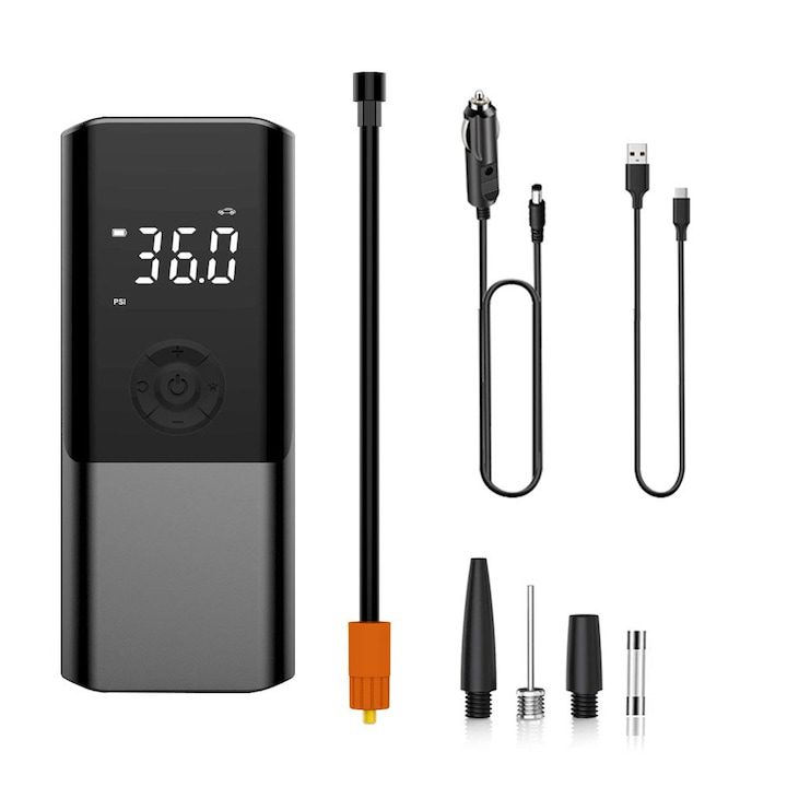Компресор за Гуми - Кои са Най-Добрите на Пазара в България Преносим автомобилен компресор, 12 V Type C захранване и 8.4 V автомобилна запалка, Дебит под налягане 25/L min LED дисплей, Електрическа въздушна помпа, бързо помпане на гуми, Безжичен с вграден LED фенер, за кола, мотоциклет, велосипед, топка