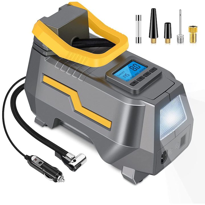 Компресор за Гуми - Кои са Най-Добрите на Пазара в България Преносим автомобилен компресор Elindor, с автоматично спиране - помпа за велосипеди, мотоциклети, матраци, 12V 240V 150 PSI, с цифров манометър и LED аварийна светлина