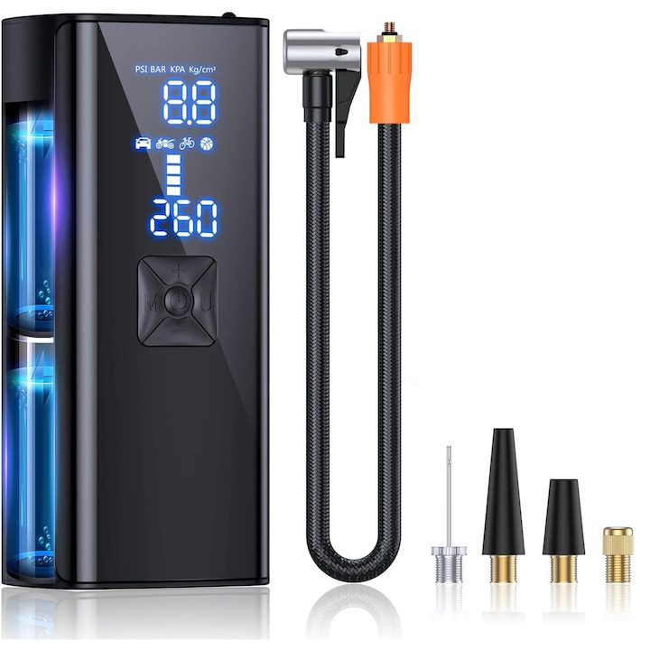Компресор за Гуми - Кои са Най-Добрите на Пазара в България Преносим автомобилен компресор с автоматично спиране, помпа, велосипеди, мотоциклети, матраци, 150 PSI налягане, 6000 mAh батерия, цифров манометър, аварийна LED светлина