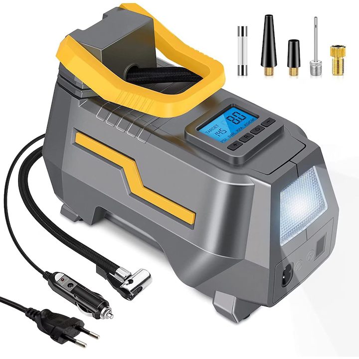 Компресор за Гуми - Кои са Най-Добрите на Пазара в България Преносим въздушен компресор Elindor® с LCD дисплей, 12V/220V захранване, максимално налягане 10,3 бара, 150PSI, мултифункционална функция, LED светлина, сив