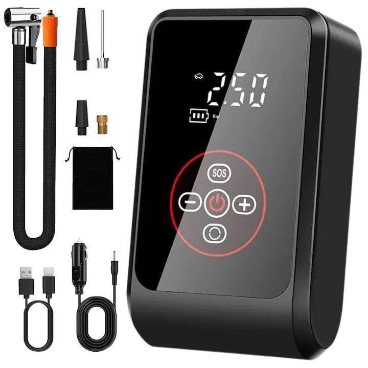 Компресор за Гуми - Кои са Най-Добрите на Пазара в България Преносим въздушен компресор с помпа за гуми, безжична въздушна помпа 150 PSI, подходящ за автомобилни, велосипедни, мотоциклетни гуми и топки, LED светкавица, може да се използва като мобилно захранване, подобрен, черен