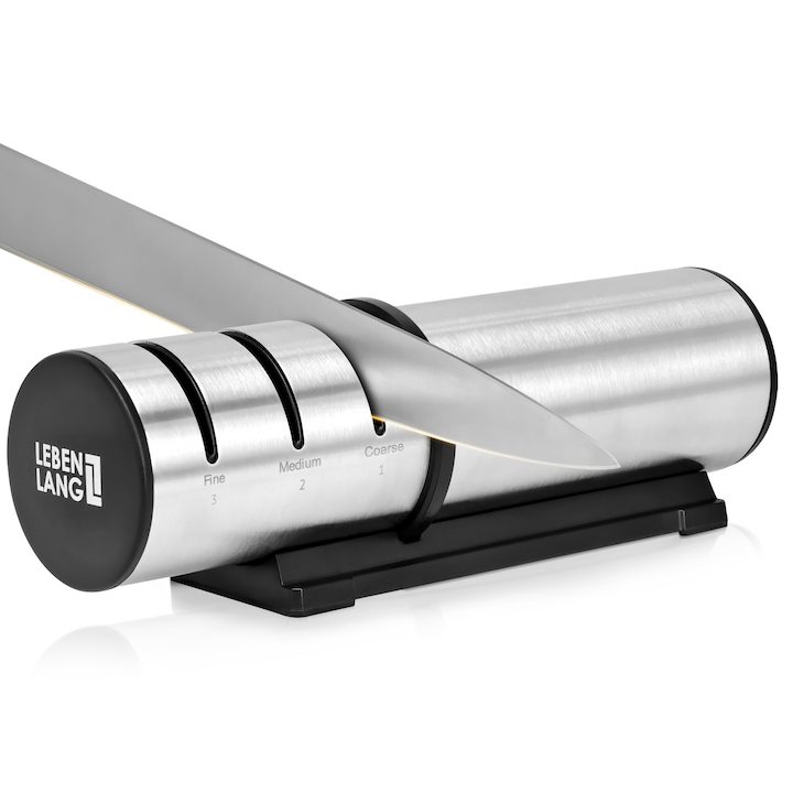 Точило за Ножове - Топ 10 Най-Добрите Професионално точило за ножове от неръждаема стомана LEBENLANG - с 3 настройки за грубо, средно и фино заточване, съвместима с метални и керамични ножове, неплъзгаща се основа и ергономична дръжка