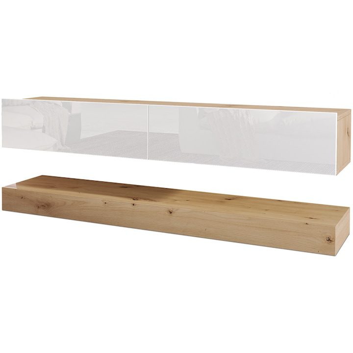 Шкаф за телевизор Irim Dafni, 138x32x41 см, Дъб Artisan/Бял гланц