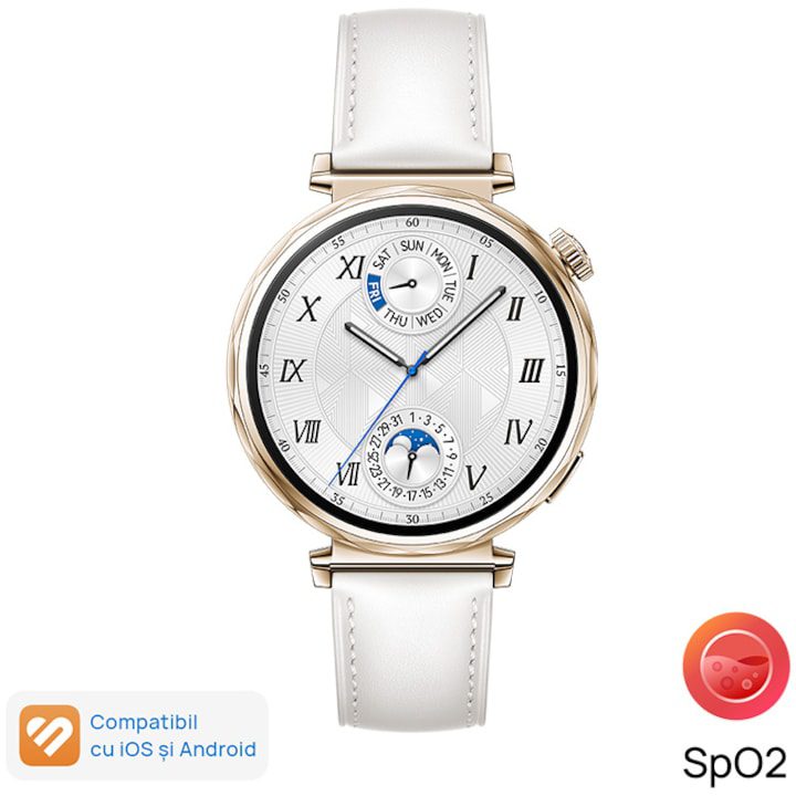 Най-добрите Смарт Часовници Huawei за 2025 Година Смарт часовник Huawei Watch GT 5, 41mm, Pale Gold Stainless Steel Case, White Composite Leather Strap