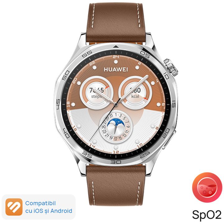 Най-добрите Смарт Часовници Huawei за 2025 Година Смарт часовник Huawei Watch GT 5, 46mm, Tarnish Stainless Steel Case, Brown Composite Leather Strap
