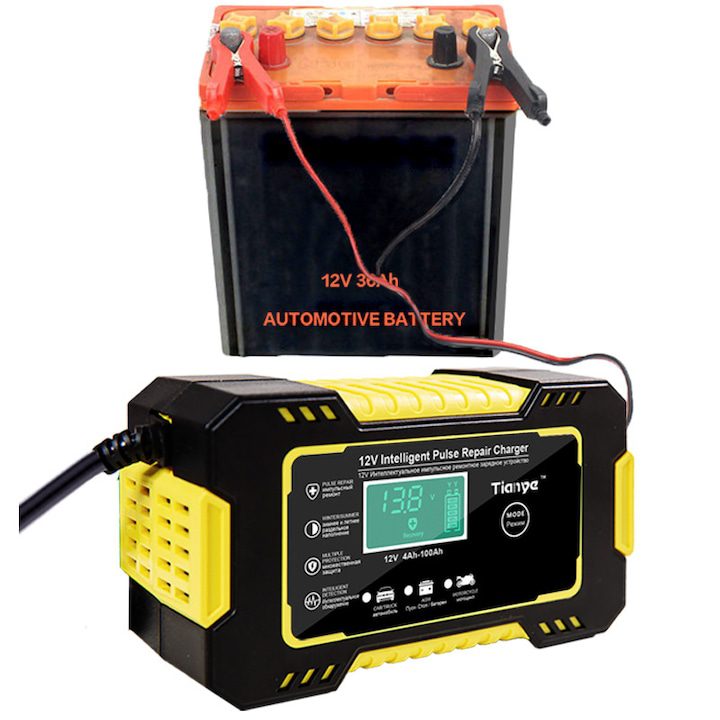Зарядно За Акумулатор - Топ 15 Най-Добрите в България за 2025 Година Токоизправител за акумулатор 12V 6A max 4-100Ah, Chigoods, мотоциклет - автомобил, С дисплей, Интелигентно разпознаване на зимен и летен режим, Импулсно зареждане ремонтира акумулатора, Интелигентно идентифициране на оставащия капацитет на акумулатора