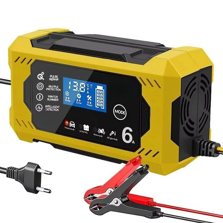 Зарядно За Акумулатор - Топ 15 Най-Добрите в България за 2025 Година Цифров автомобилен токоизправител, зарядно за акумулатор с LCD дисплей, за кола, мотоциклет, камион, бързо зареждане, 12V 6A, 4-100Ah, импулсна функция за ремонт на акумулатор, жълто/черно