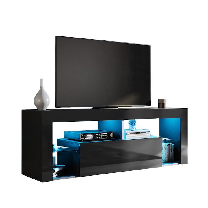 ТВ шкаф с LED осветление, Със сгъваема врата, Със стъклен рафт, 140×35×50,5 см