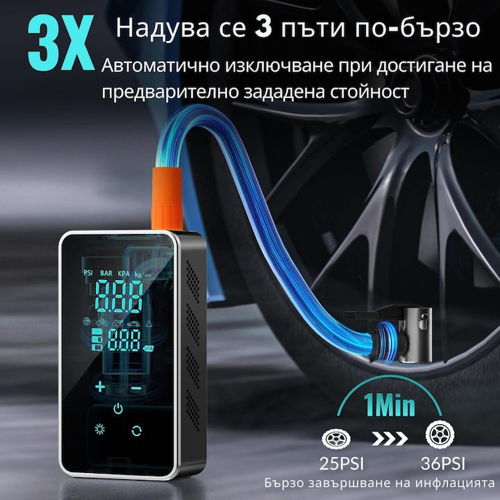 Компресор за Гуми - Кои са Най-Добрите на Пазара в България Въздушна помпа за електрическа кола, мултифункционален 12V, Dasbo® 6 в 1 компресор с Full-Touch LCD цифров дисплей, LED фенерче, проверка на налягането 150PSI, автоматично изключване Цифров манометър, вътрешна батерия, черен