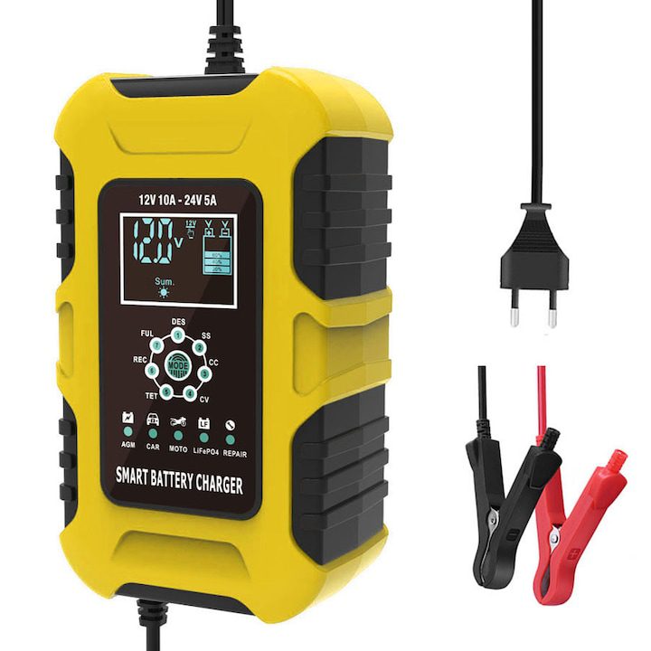 Зарядно За Акумулатор - Топ 15 Най-Добрите в България за 2025 Година Зарядно устройство за акумулатори за кола/мотоциклет, MOSMAOO, 12V/10A - 24V/5A - 10A максимална скорост на зареждане, Капацитет на зареждане 6-180Ah, LCD екран, Многоцветен