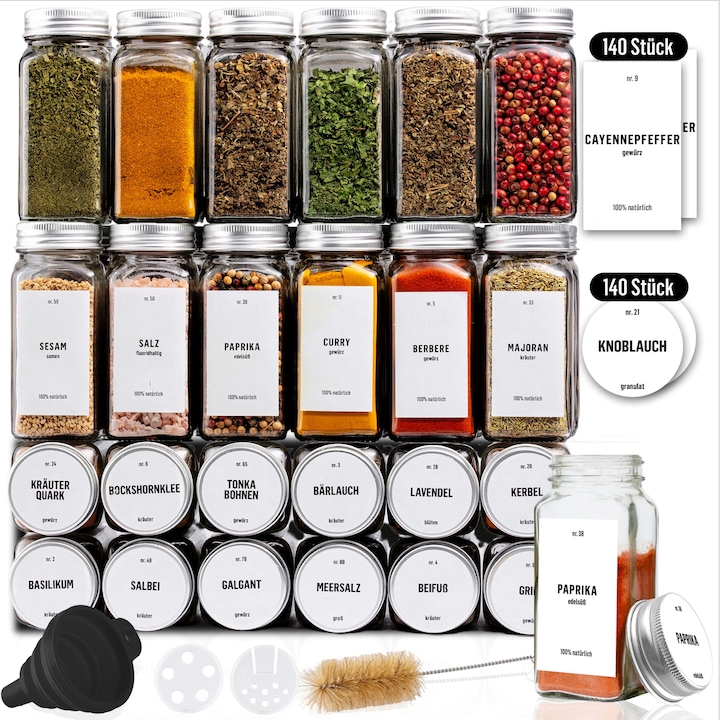 Deco Haus Комплект буркани за подправки от 24 части с капачка на винт - Комплект за подправки с етикети