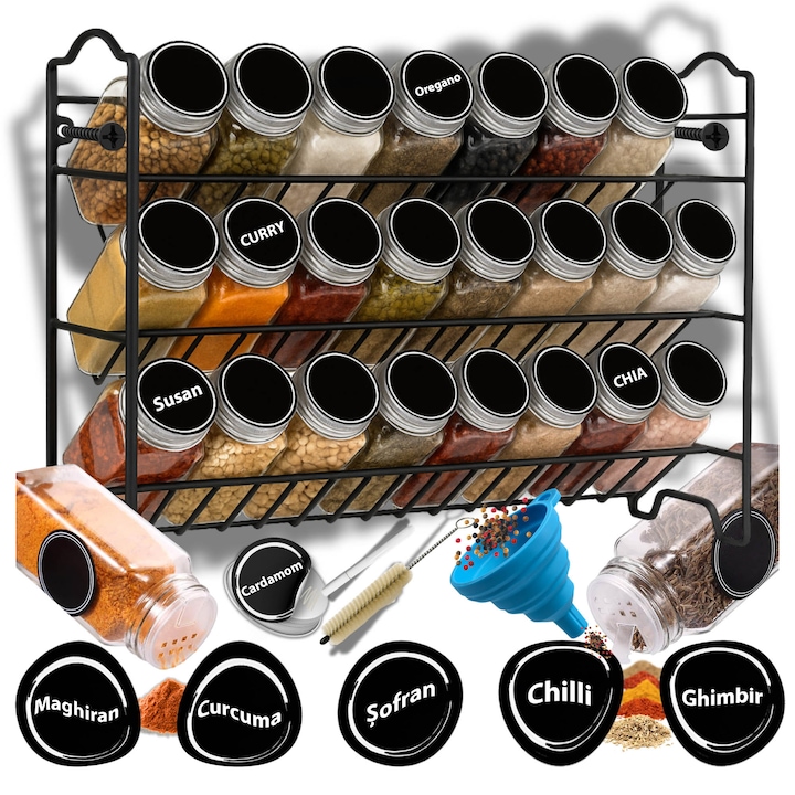 GALAXIA® 3-етажна поставка за подправки с 24 стъклени буркана + 72 самозалепващи се етикета – органайзер за подправки за кухня - eMAG.bg