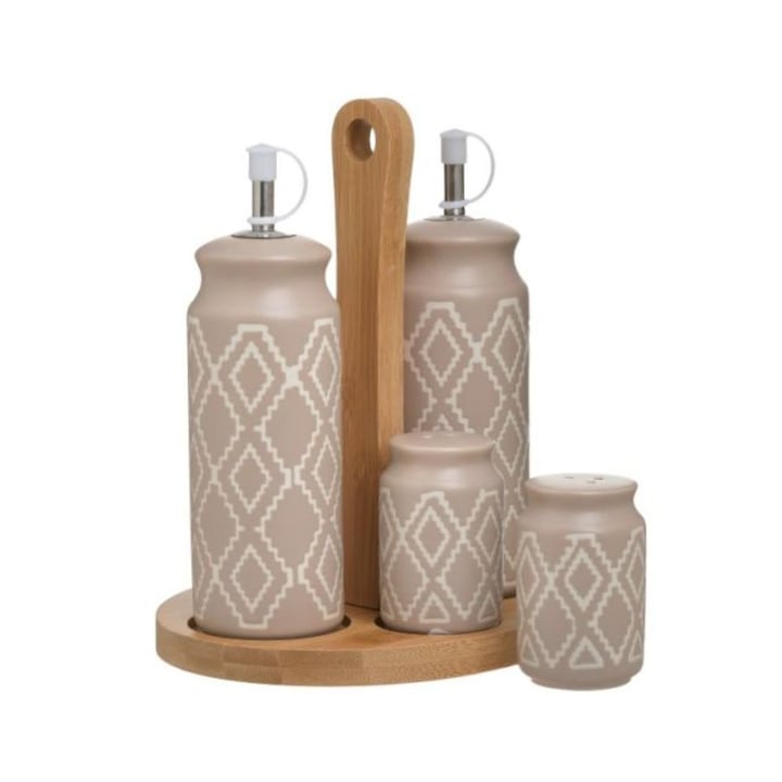 Избрахме за Вас Най-Качествените Оливерници – Класация Комплект от 4 бежови порцеланови маслени съда с традиционни бели шарки и дървена поставка - eMAG.bg