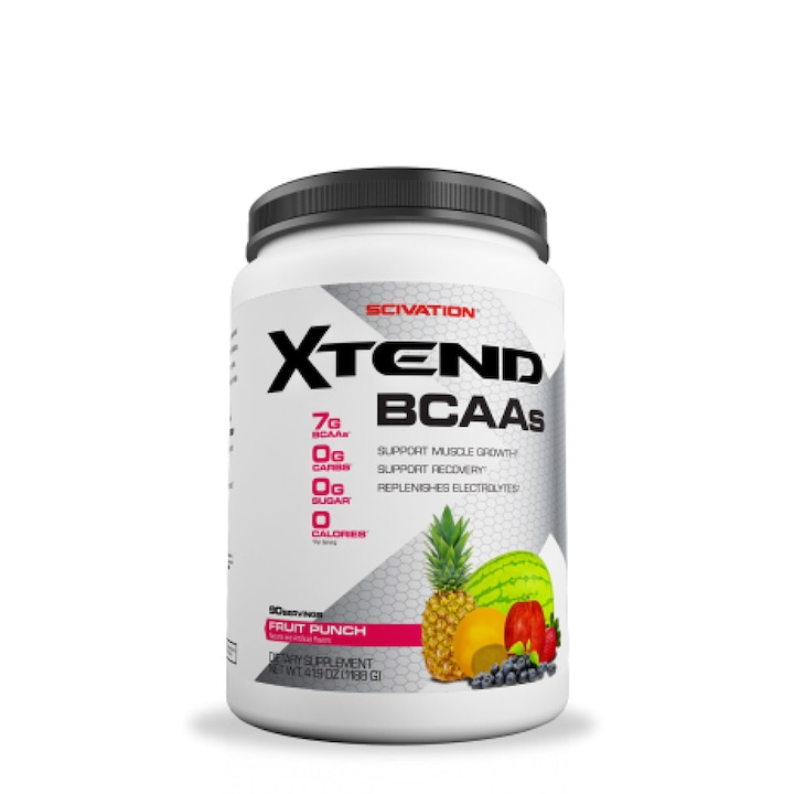Топ 9 Най-Добрите BCAA И EAA Добавки За Интензивни Тренировки Енергизираща добавка на прах Scivation Xtend Intra-Workout Fruit Punch