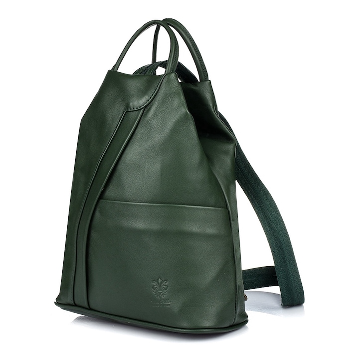 Дамска раница vera pelle естествена кожа тъмнозелена 5 джоба размери 30х24х12см - eMAG.bg