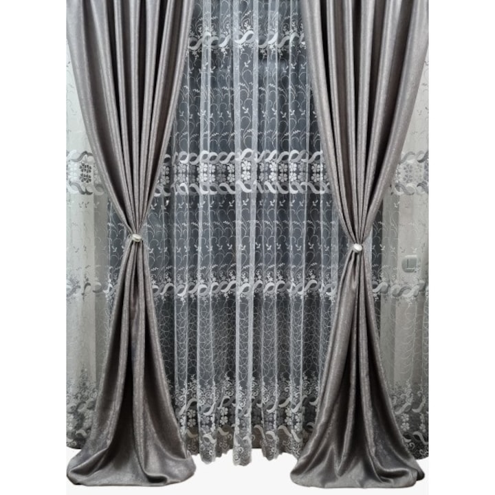 Завеси Mastel 2x100x260см сиви с бродирана завеса 300x260см бяло-сиви модел BR6 изработени с rejance - eMAG.bg